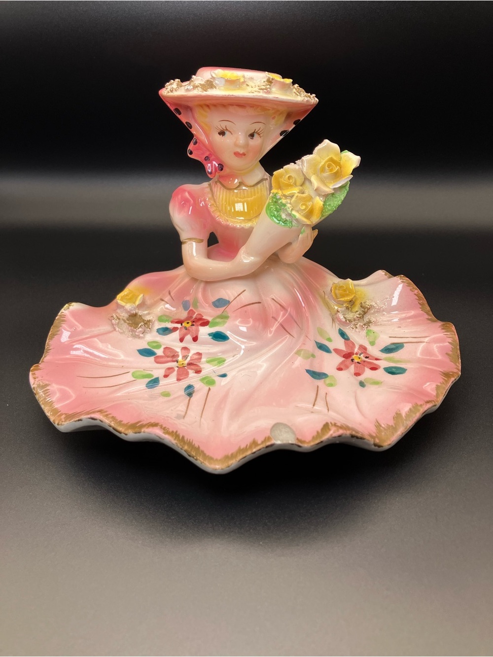 Vintage Betson’s Pink Porcelain Lady Trinket / Vanity Dish with Yellow Flowers